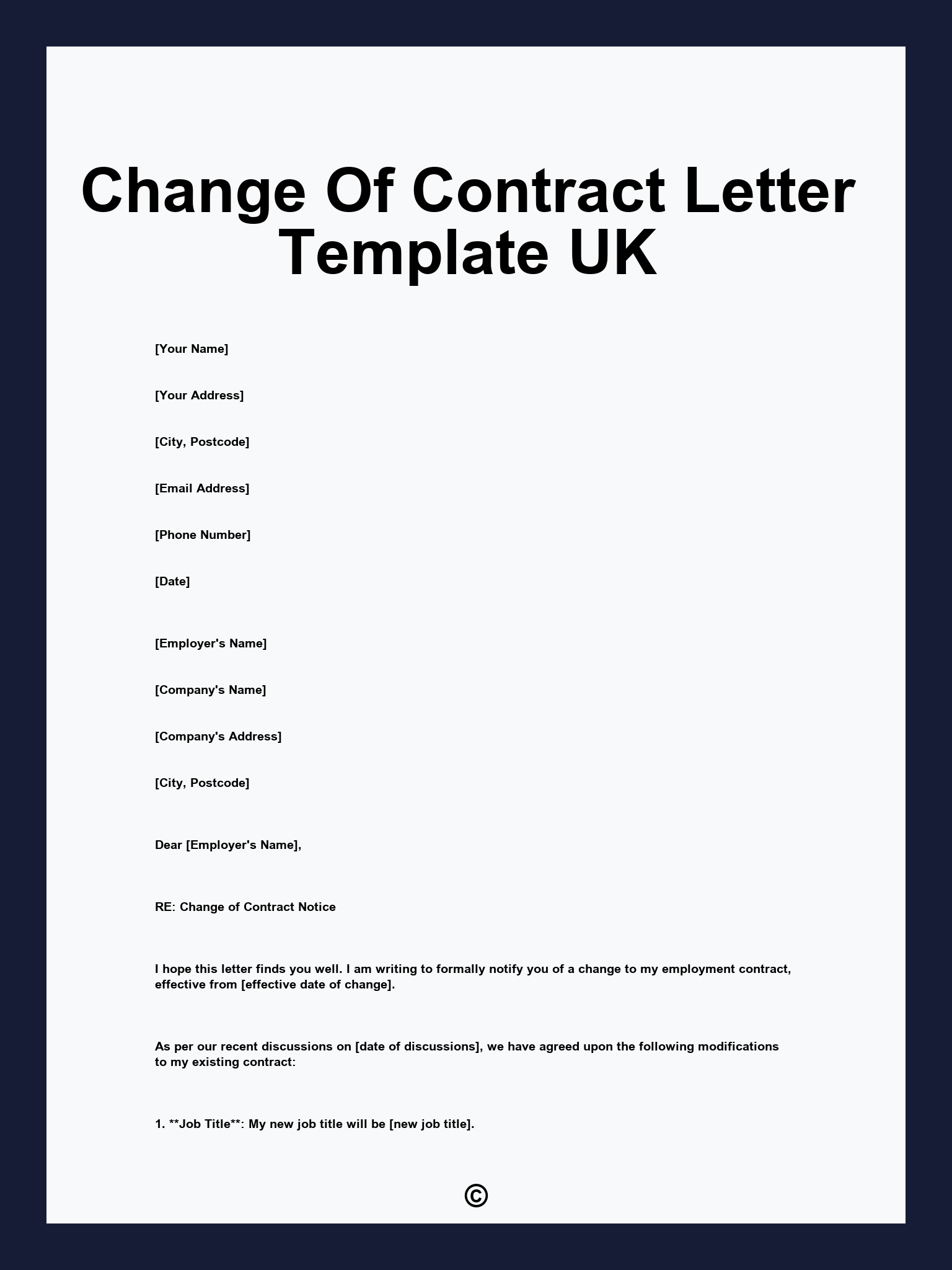 Change Of Contract Letter Template UK