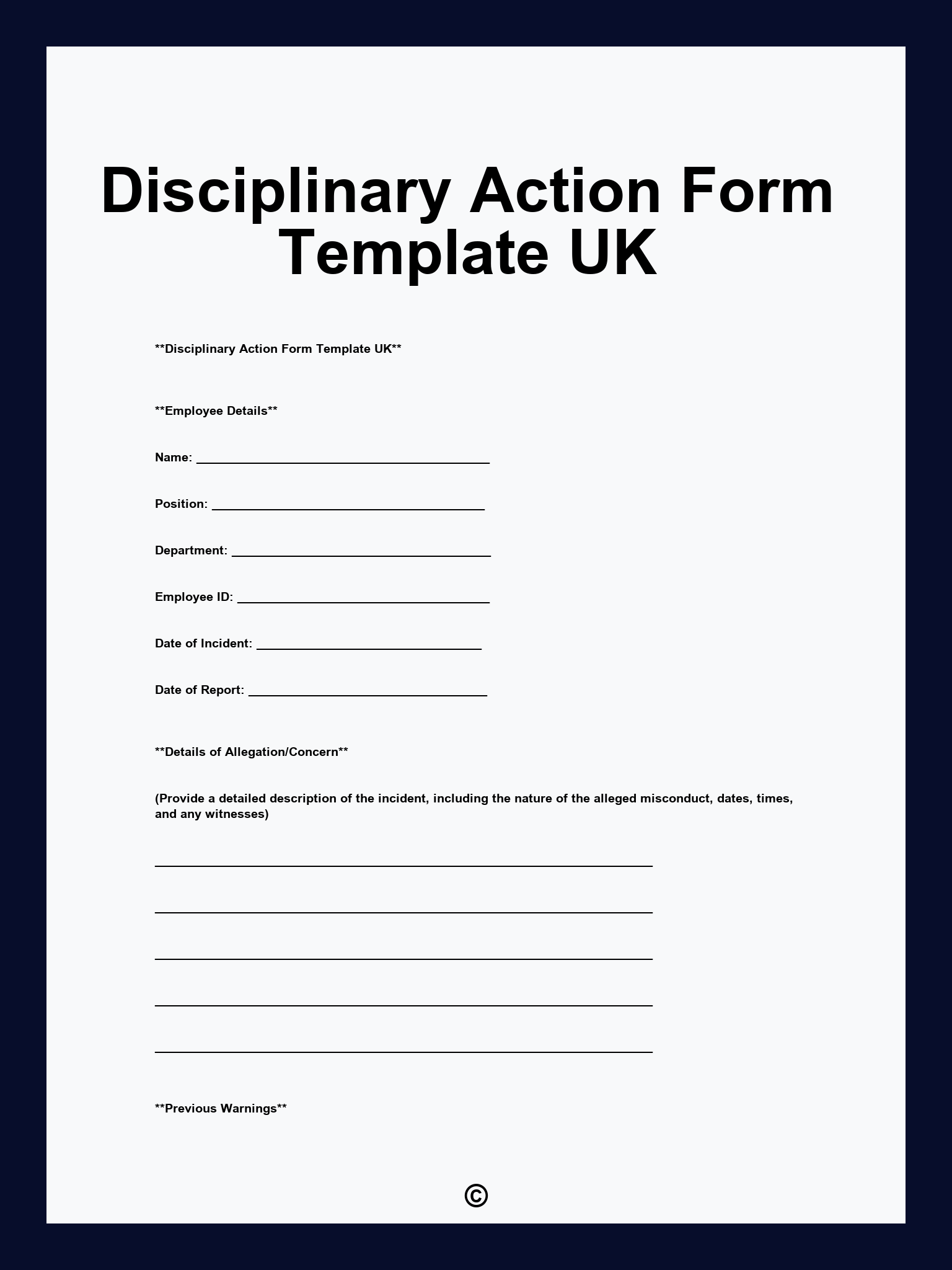 Disciplinary Action Form Template UK