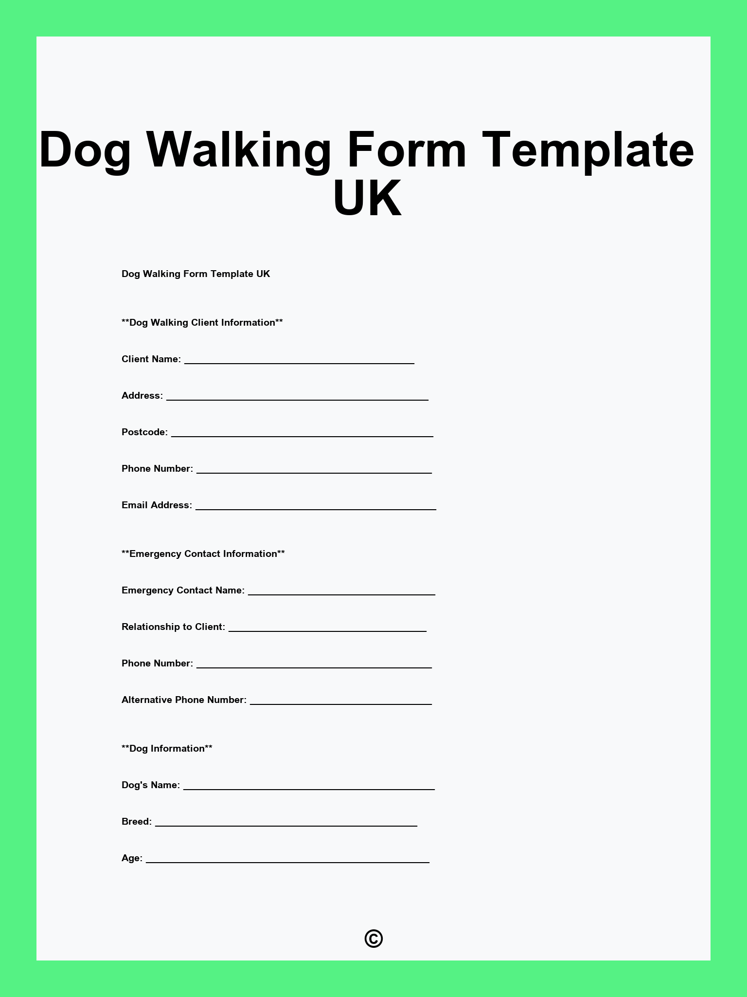 Dog Walking Form Template UK