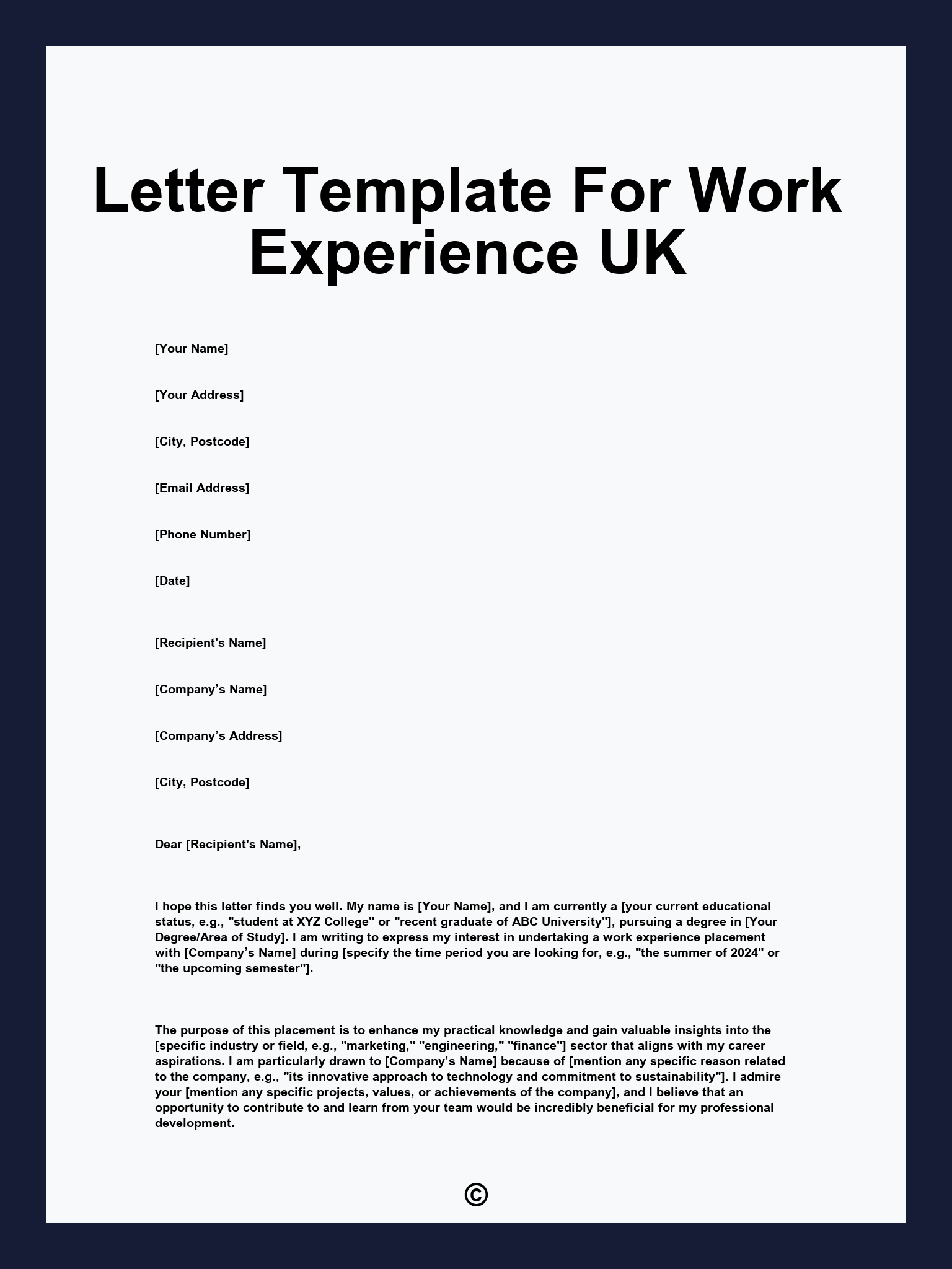 Letter Template For Work Experience UK