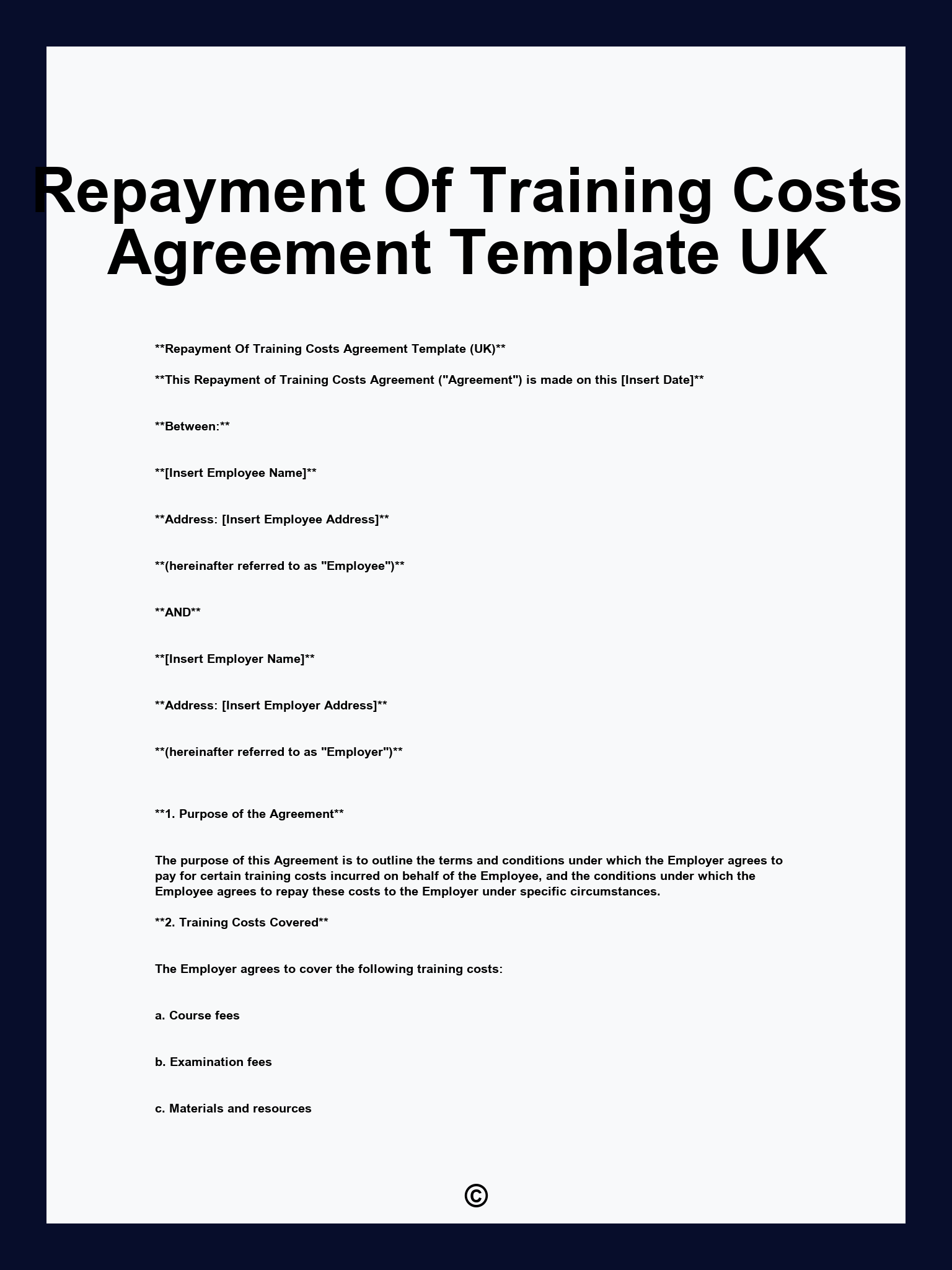 Repayment Of Training Costs Agreement Template UK