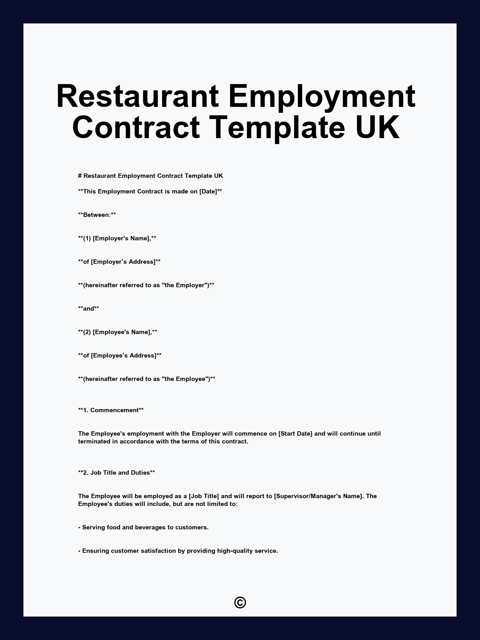 Restaurant Employment Contract Template UK