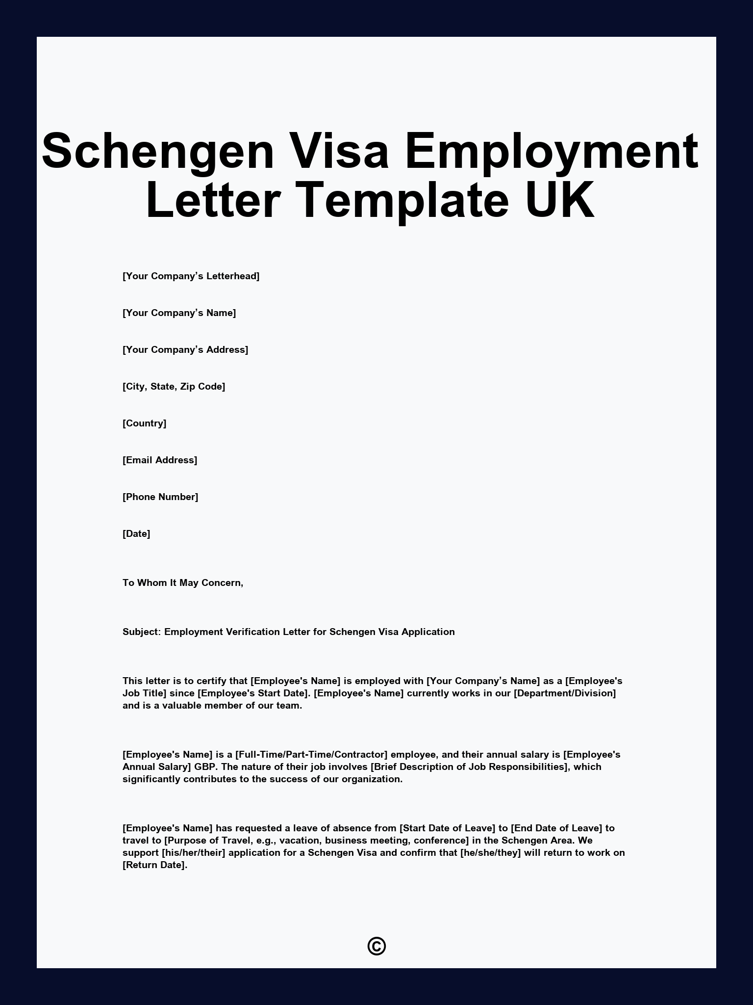 Schengen Visa Employment Letter Template UK